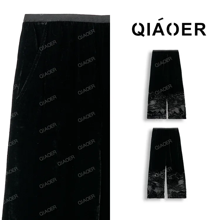 乔儿定制【墨染风华】夏季丝绒镂空烧花时尚休闲裤黑色高级感直筒裤