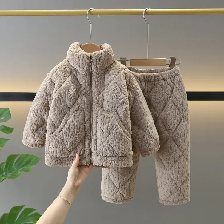 儿童睡衣法兰绒三层加厚夹棉拉链家居服套装男女中大童亲子装睡衣