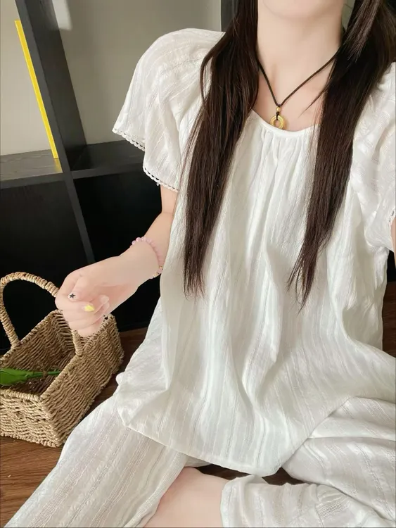 韩系短袖睡衣女2025新款夏季大码宽松温柔风阔腿长裤家居服套装