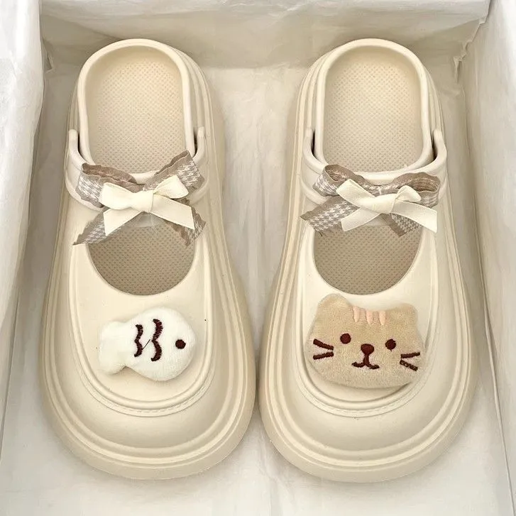 可爱卡通鱼仔猫猫洞洞鞋女2025夏甜美蝴蝶结踩屎感包头凉拖鞋女TT