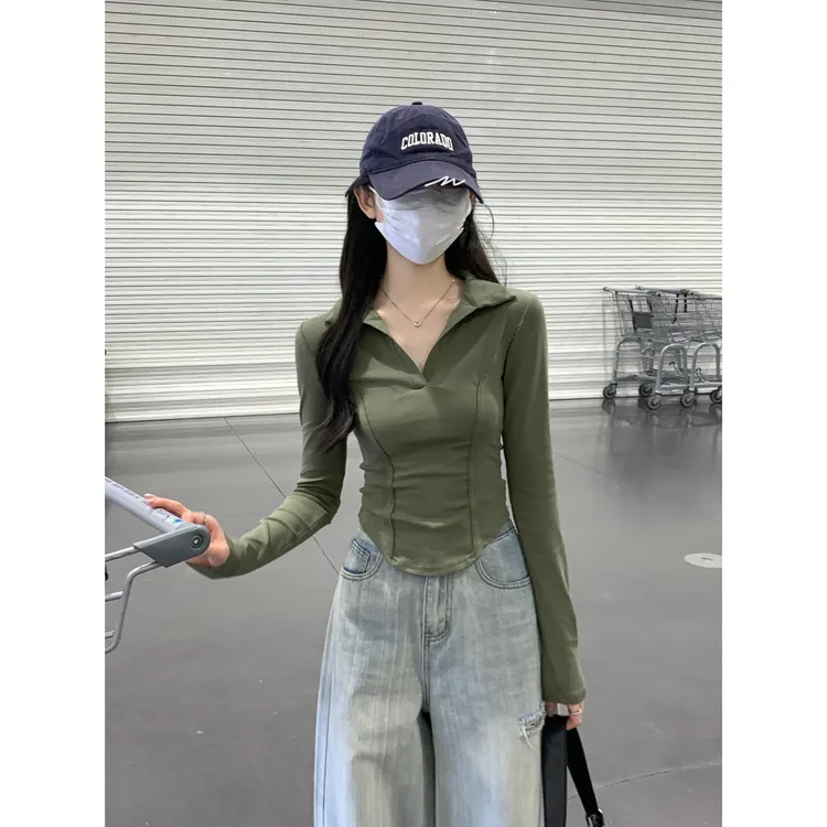 欧若风辣妹风正肩长袖T恤春秋季新款polo领鱼骨不规则修身内搭女