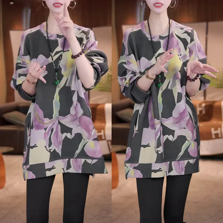 时髦复古印花长袖宽松遮肉显瘦秋冬新款百搭韩版圆领套头加厚卫衣