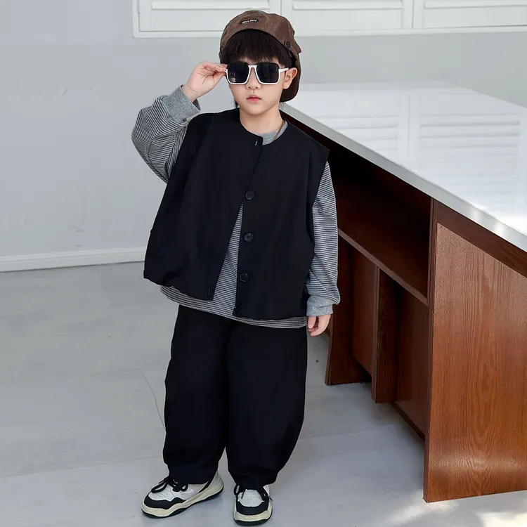 男童春秋套装2025新款儿童洋气打底衫马甲三件套男孩儿童秋季套装