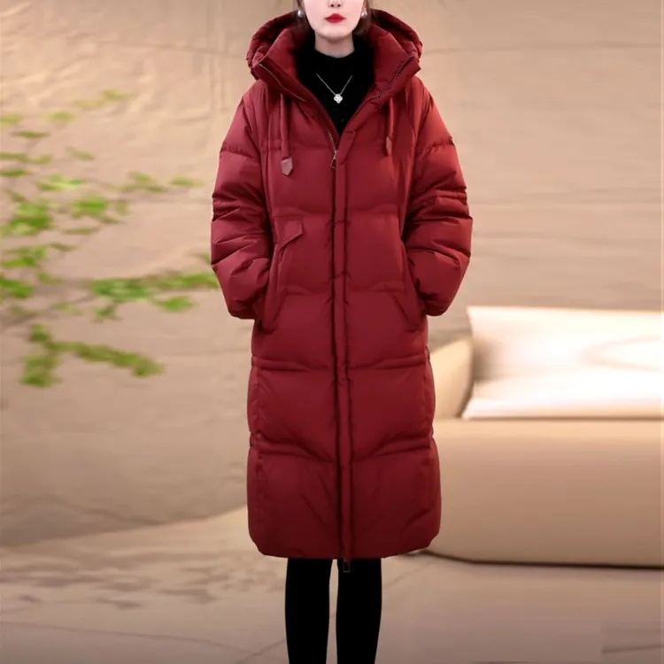 高端连帽加厚长款鹅绒服2025冬季新款修身遮肉气质减龄鹅绒羽绒服
