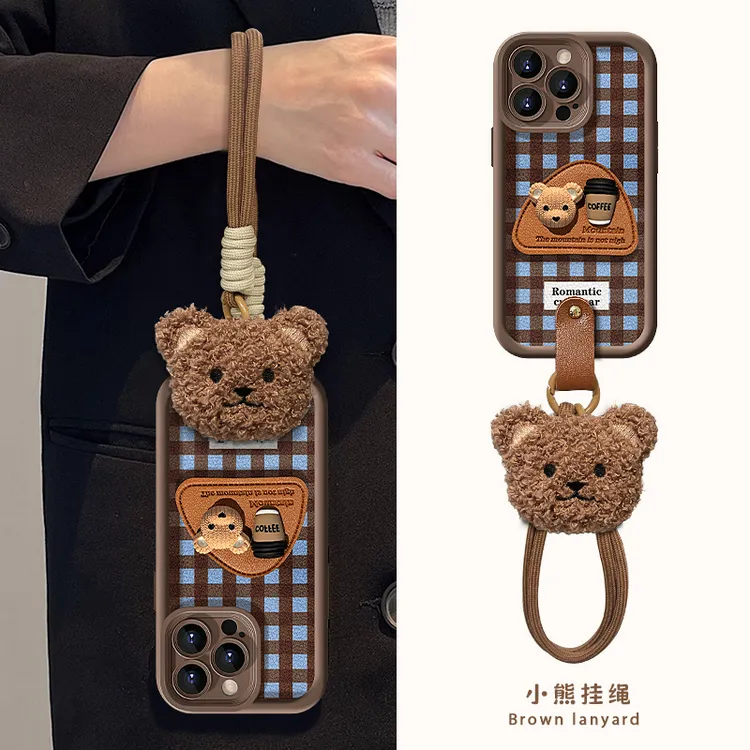 咖啡熊支架适用于苹果16/15pro天眼羊皮手机壳华为oppovivo小米