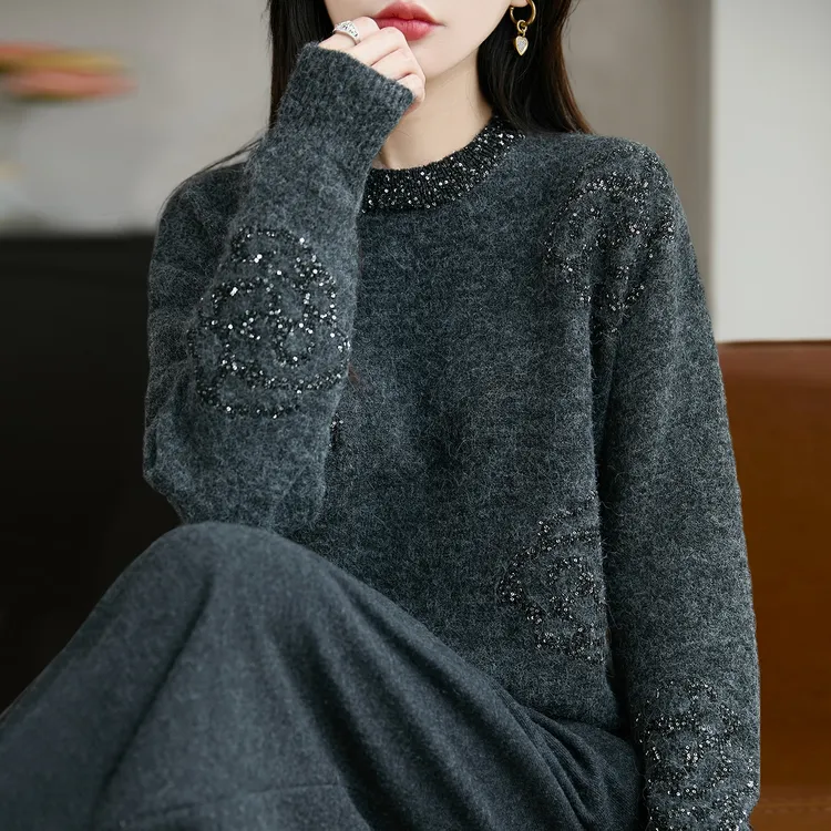 高级感亮片纯100羊毛衫女秋冬新款圆领宽松毛衣内搭羊绒打底衫女