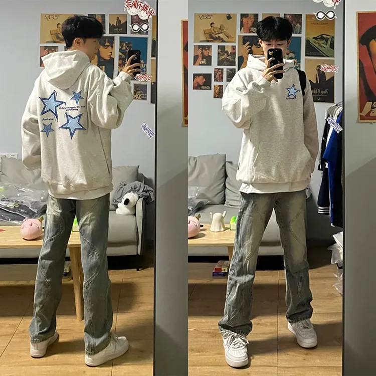 美式复古连帽卫衣秋冬新款潮牌休闲星星前后印花宽松百搭套头帽衫