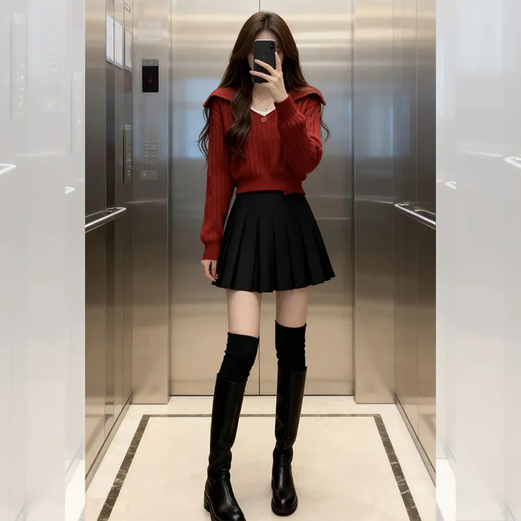 别致独特漂亮酒红色翻领小衫女装秋冬季内搭针织衫洋气高贵上衣