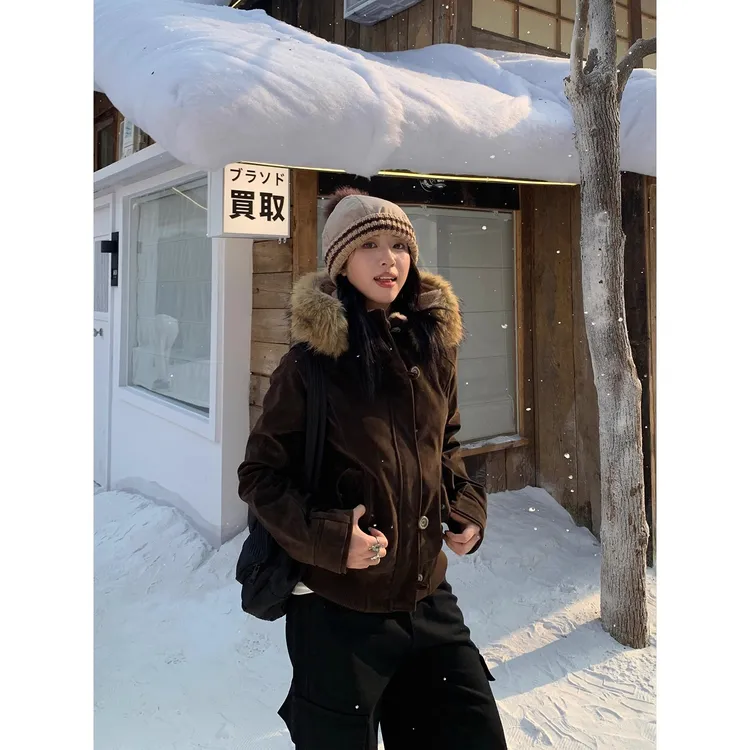 LIUGE 原创美式复古棕色外套女 vintage时尚高级感加绒夹克冬季