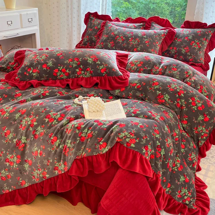 爆款冬季保暖加厚绒四件套牛奶绒双面绒床上用品夹棉床盖花边套件