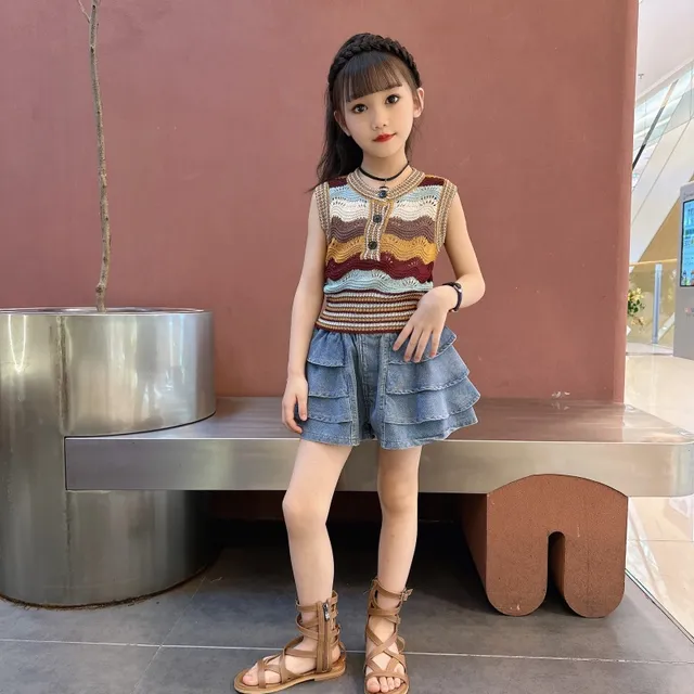 女童牛仔短裤裙套装2024夏装新款中大儿童装女孩夏季背心时髦洋气