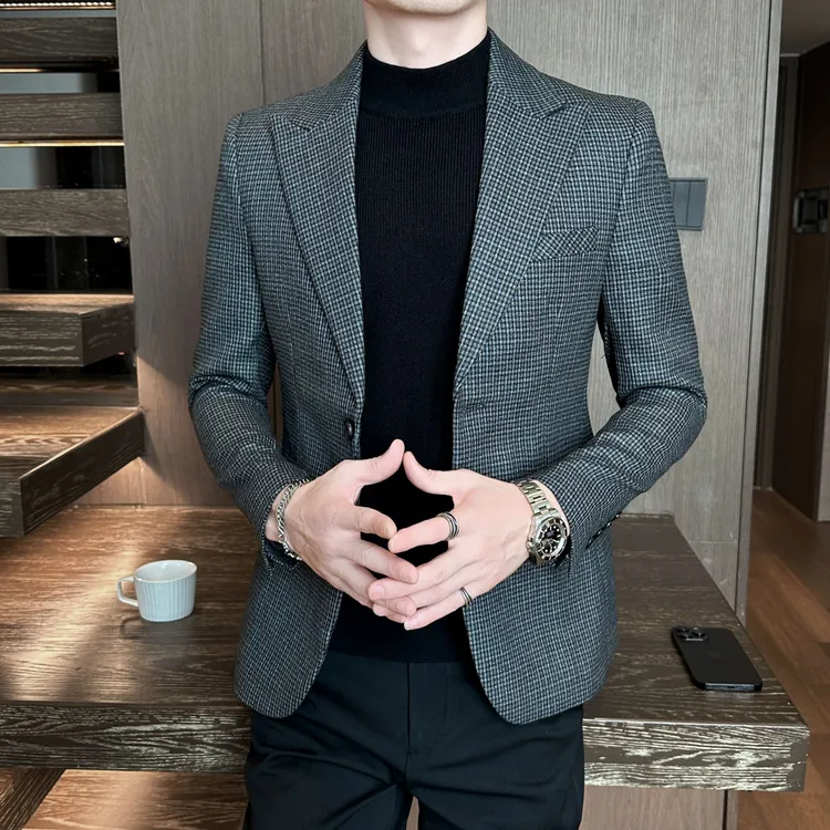 高级感小格子西装外套男士韩版修身秋季2025新款商务休闲西服上衣
