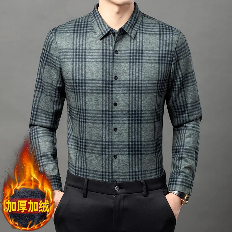 卡尔皮诺2300-2冬季加绒加厚男士宽松保暖格子商务衬衣长袖衬衫