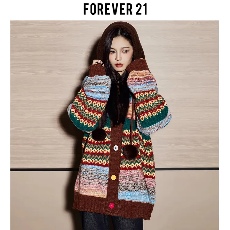 Forever 21秋冬季新款美拉德彩色百搭条纹翻领宽松显瘦毛衣开衫女
