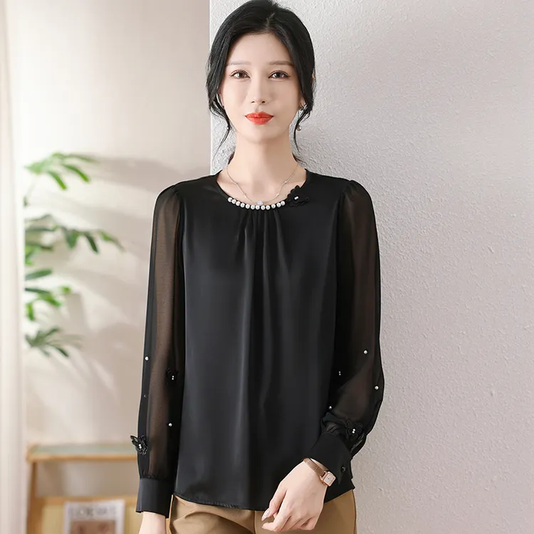 杭州真丝衬衫女士圆领套头设计感桑蚕丝衬衣春秋长袖时尚洋气百搭