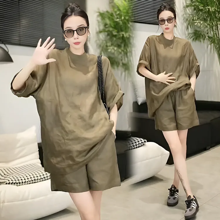 慵懒风纯色时尚休闲套装宽松显瘦上衣高腰阔腿短裤气质减龄两件套