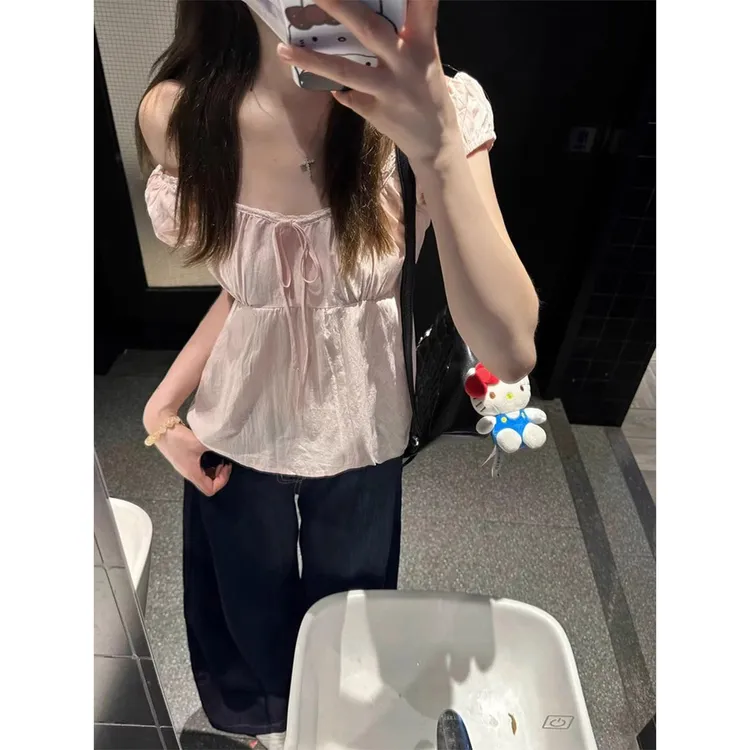 法式温柔粉色一字肩方领衬衫女夏季2025新款宽松纯欲甜美气质上衣