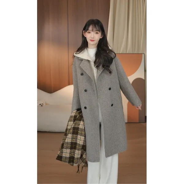 HSTYLE/韩都衣舍显瘦双面羊毛大衣女士双排扣外套保暖时尚 5507