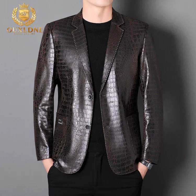 OUXLDNE 大码男士西服咖色休闲皮外套中年时尚痞帅商务免烫西装男