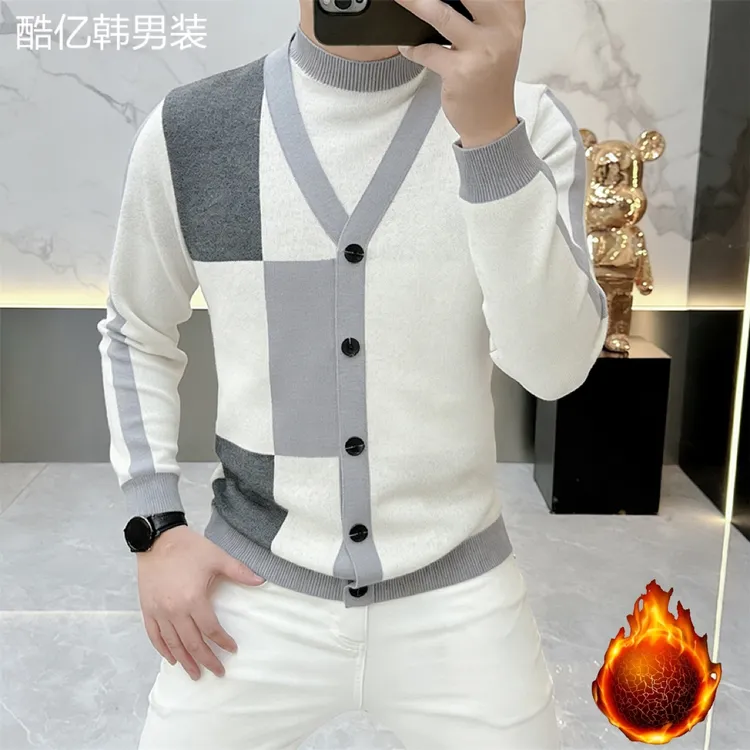 轻奢男装秋冬新款潮牌针织外套男假两件圆领修身拼色毛衣潮88811