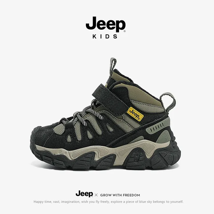 jeep儿童加绒高帮鞋2025冬季新款男童运动鞋皮面大棉鞋防水女童鞋