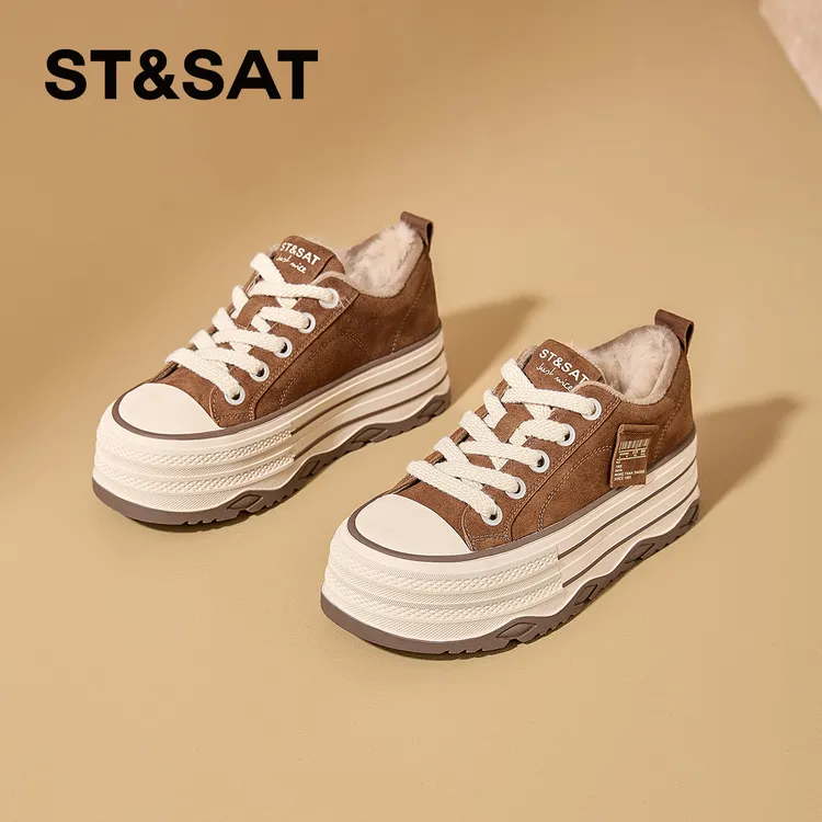 星期六休闲板鞋女款2025新款冬季加绒加厚保暖德训鞋厚底增高单鞋