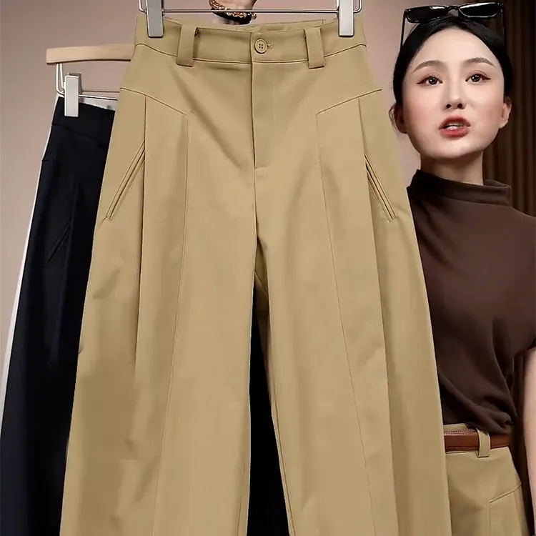拉夏贝尔窄版西装镰刀阔腿裤女秋季2025年新款高级感直筒弯刀裤子