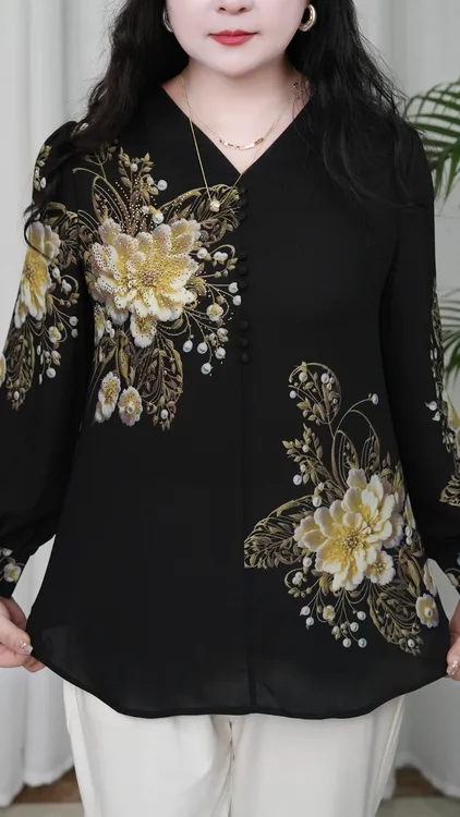 5515春夏秋季新款气质v领印花洋气法式减龄百搭显瘦衬衫