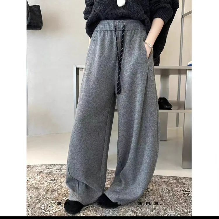 秋冬女裤加绒加厚新款松紧腰抽绳纯色宽松阔腿弯刀休闲长裤