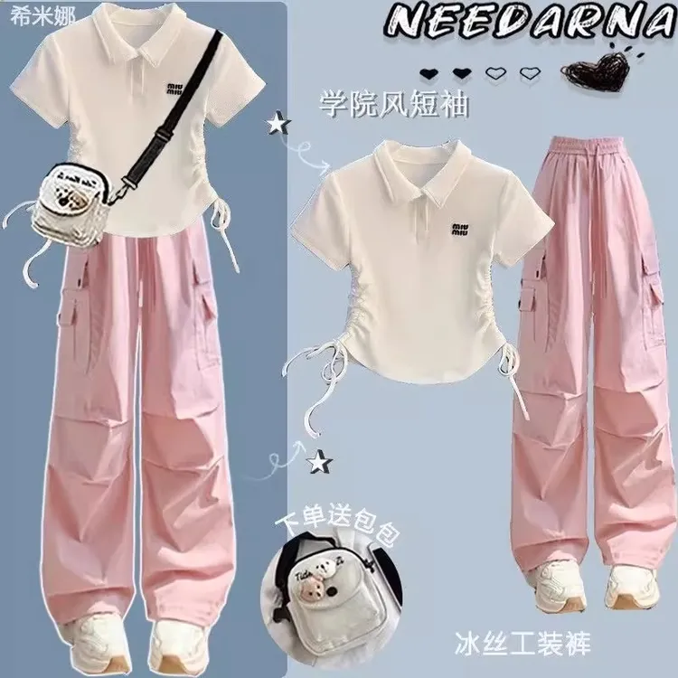巴拉2025新款少女初中生夏装polo领休闲短袖T恤与工装裤清新俏皮