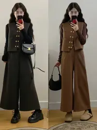 高级感套装女2025新款秋季休闲马甲遮肉显瘦阔腿裤三件套