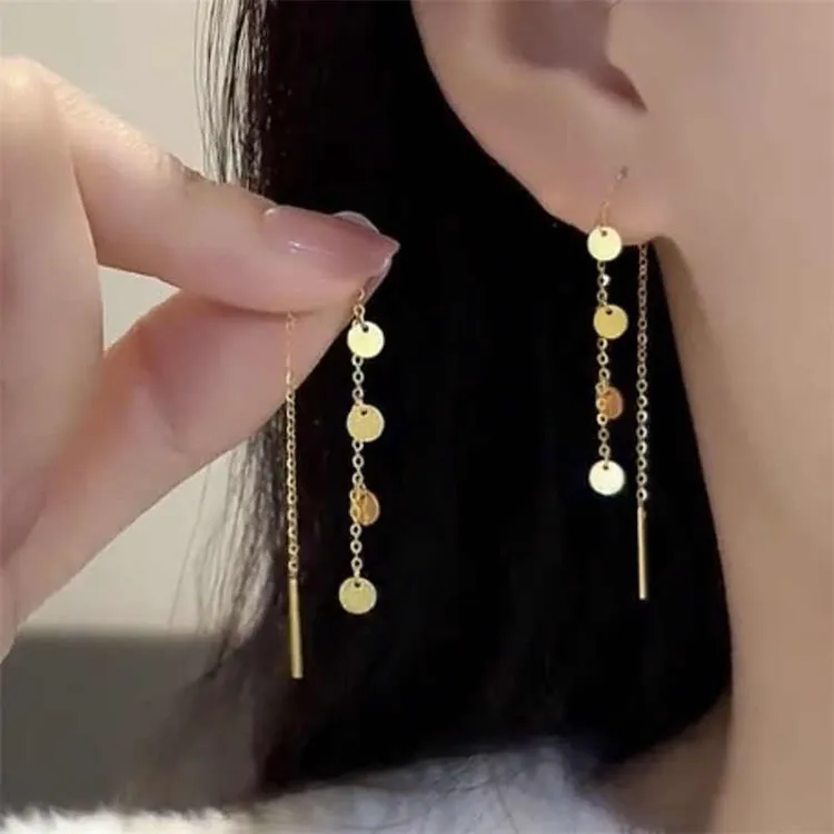 铜合金耳饰 金色圆形亮片流苏耳线设计感小众气质耳环长款显瘦