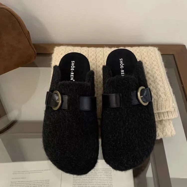 时尚洋气毛呢勃肯毛毛拖鞋女2025秋冬新款外穿厚底增高包头棉拖鞋