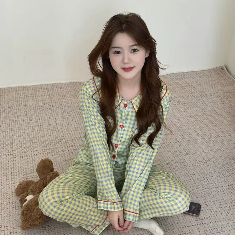 小个子长袖翻领秋季格子睡衣家居服套装显瘦韩版上衣开衫两件套女