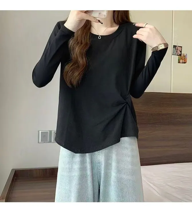 大码黑色圆领t恤女春秋季新款韩版胖m显瘦简约打底衫长袖宽松上衣