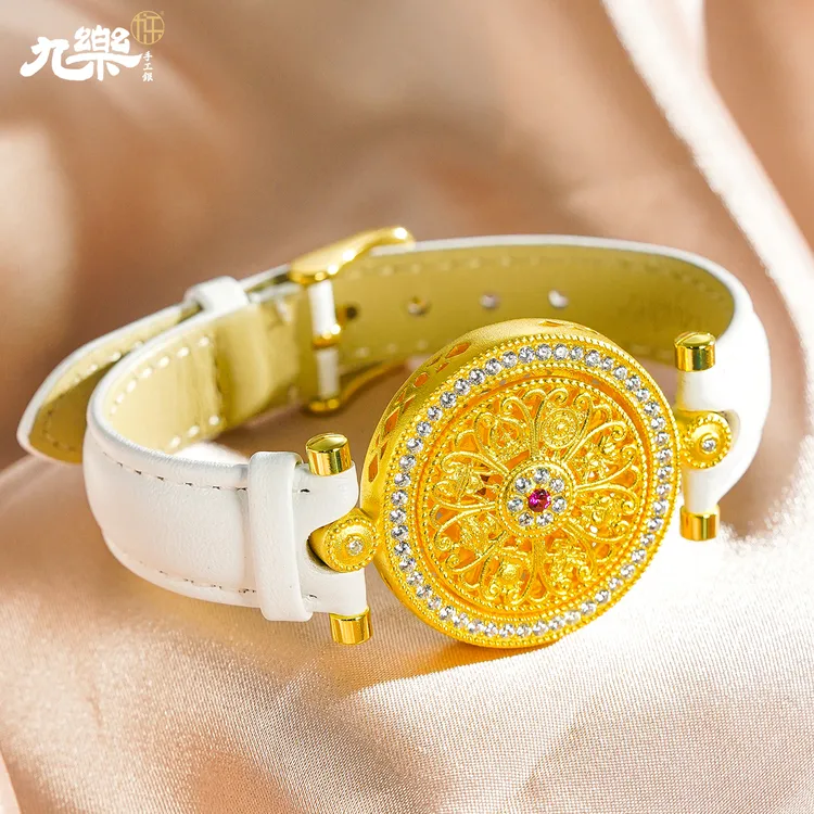 九乐 足银合成锆石手链 999金色八宝罗盘气质百搭高级设计感手链