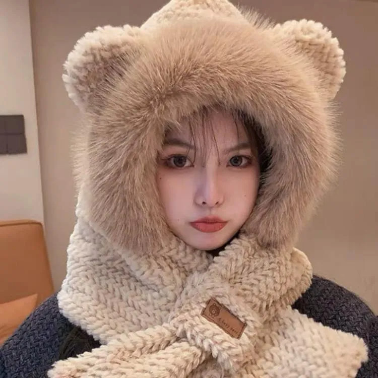 小熊帽子围巾一体女秋冬骑车加绒保暖护耳毛绒防寒帽韩版甜美可爱