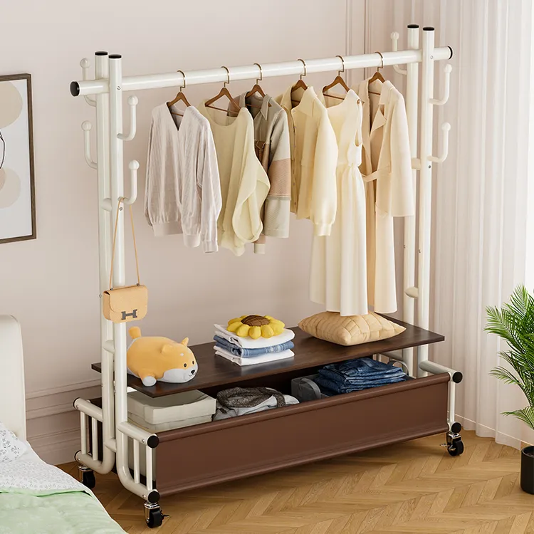 新款中式奶油风衣帽架卧室挂衣架晾衣架落地式可移动阳台衣服架