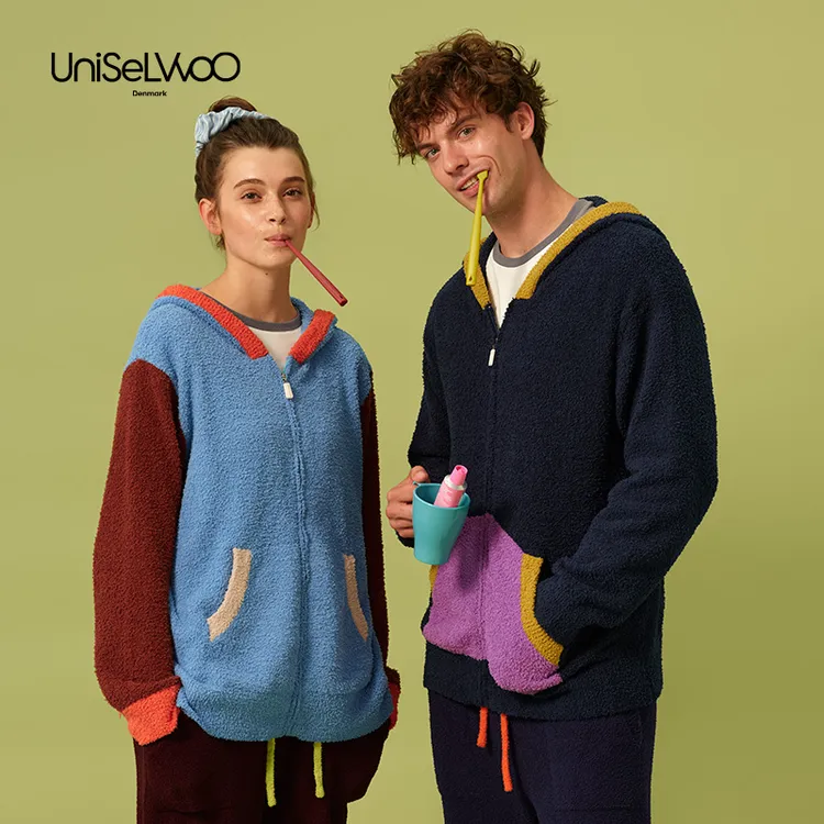 UniSeLWoo呦卧冬季新款家居服套装卫衣半边绒长袖睡衣半边绒外套