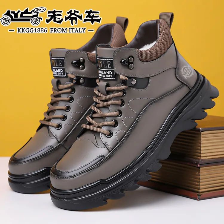 老爷车男鞋纯色休闲风圆头工装鞋高帮棉鞋休闲皮鞋中国风冬季棉靴