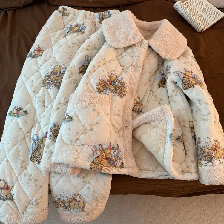 珊瑚绒睡衣女款秋冬季卡通小熊维尼三层夹棉加厚湖南省省服家居服