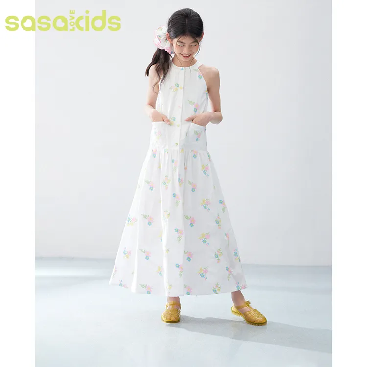 sasakids夏季重工定制刺绣碎花无袖挂脖收腰白色长裙女孩连衣裙