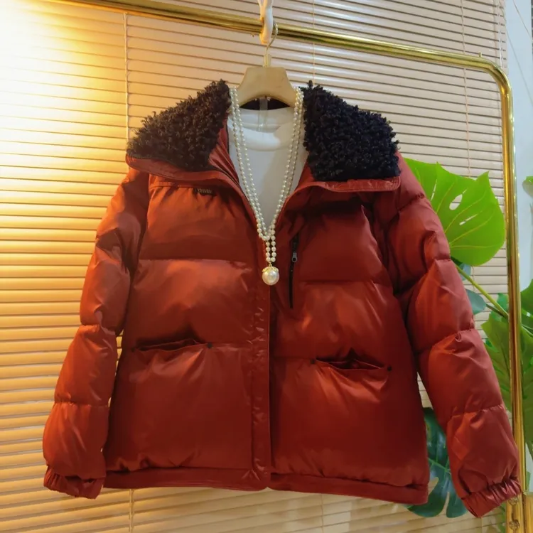 纯色拼接冬季新款翻毛领加厚保暖时尚宽松百搭拉链款棉服外套