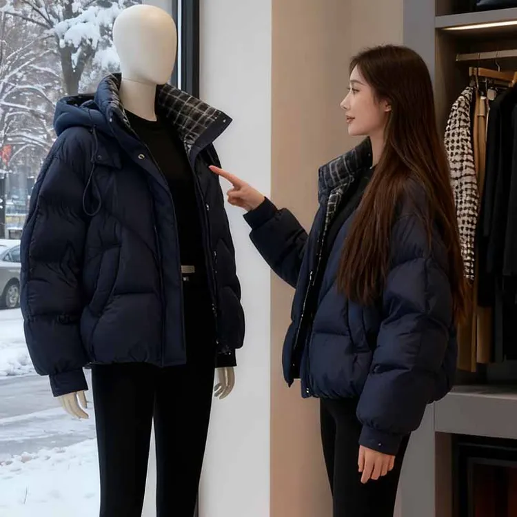 加棉加厚韩版百搭洋气棉服女2025年冬季新款休闲格子保暖连帽外套