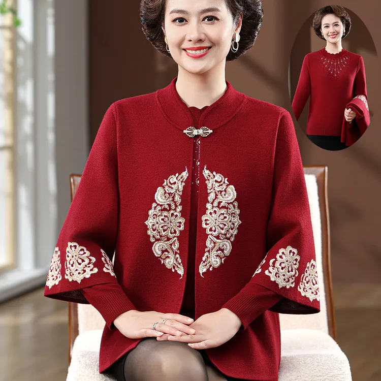 妈妈秋装气质高贵毛衣两件套中老年女装洋气针织开衫喜婆婆婚宴装