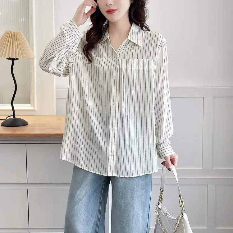 薄款大码衬衫POLO领夏季条纹打底衬衫中长款长袖春季单排多扣