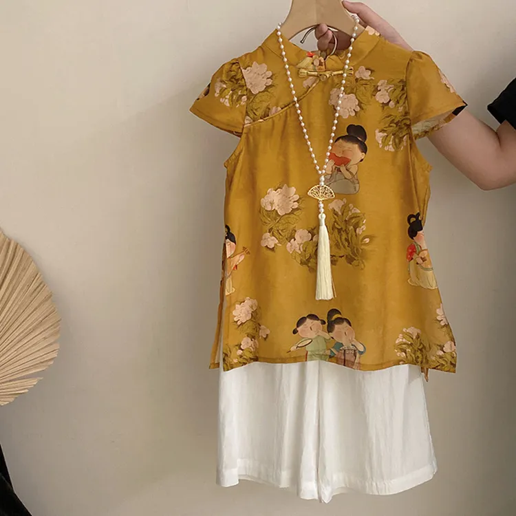 2【安安家】女童新款夏无袖黄色仕女图气质旗袍休闲裤两件套R25379