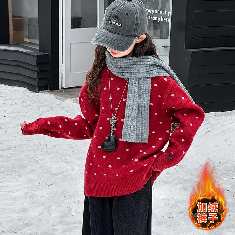 女童红色毛衣秋冬装2025新款中大童慵懒风针织衫儿童时髦洋气上衣