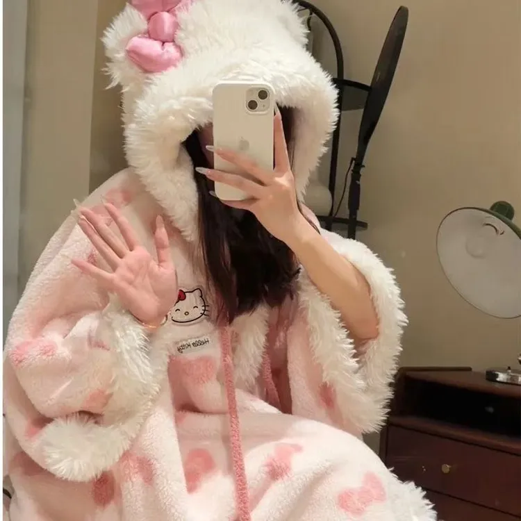 【暖暖专属】可爱HelloKitty睡衣少女冬季珊瑚绒连帽睡袍加绒加厚大