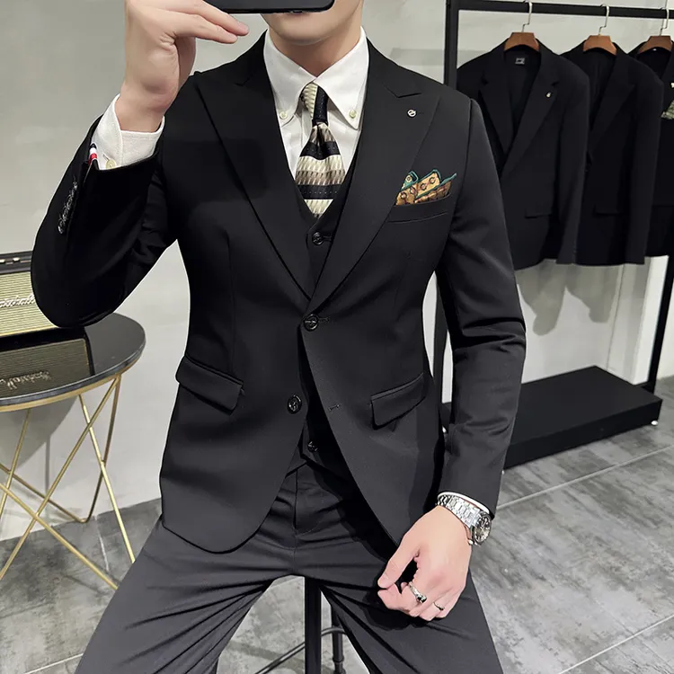 保罗男士修身西装三件套戗驳领商务会议正装西服新郎结婚礼服男